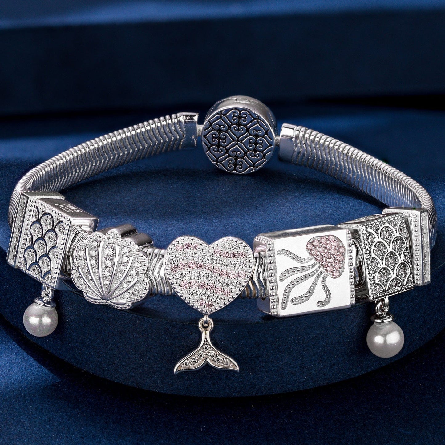 Sterling Silver Mermaid's Trove Rectangular Charms Bracelet Set In White Gold Plated