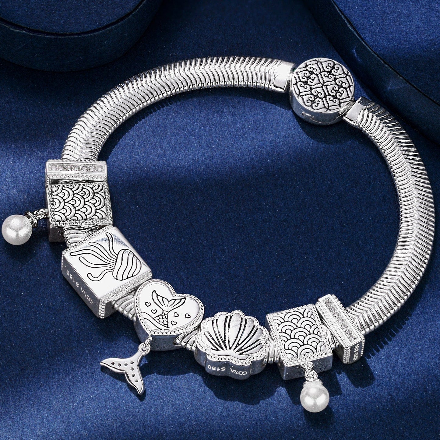 Sterling Silver Mermaid's Trove Rectangular Charms Bracelet Set In White Gold Plated (Includes bracelet and all charms shown)