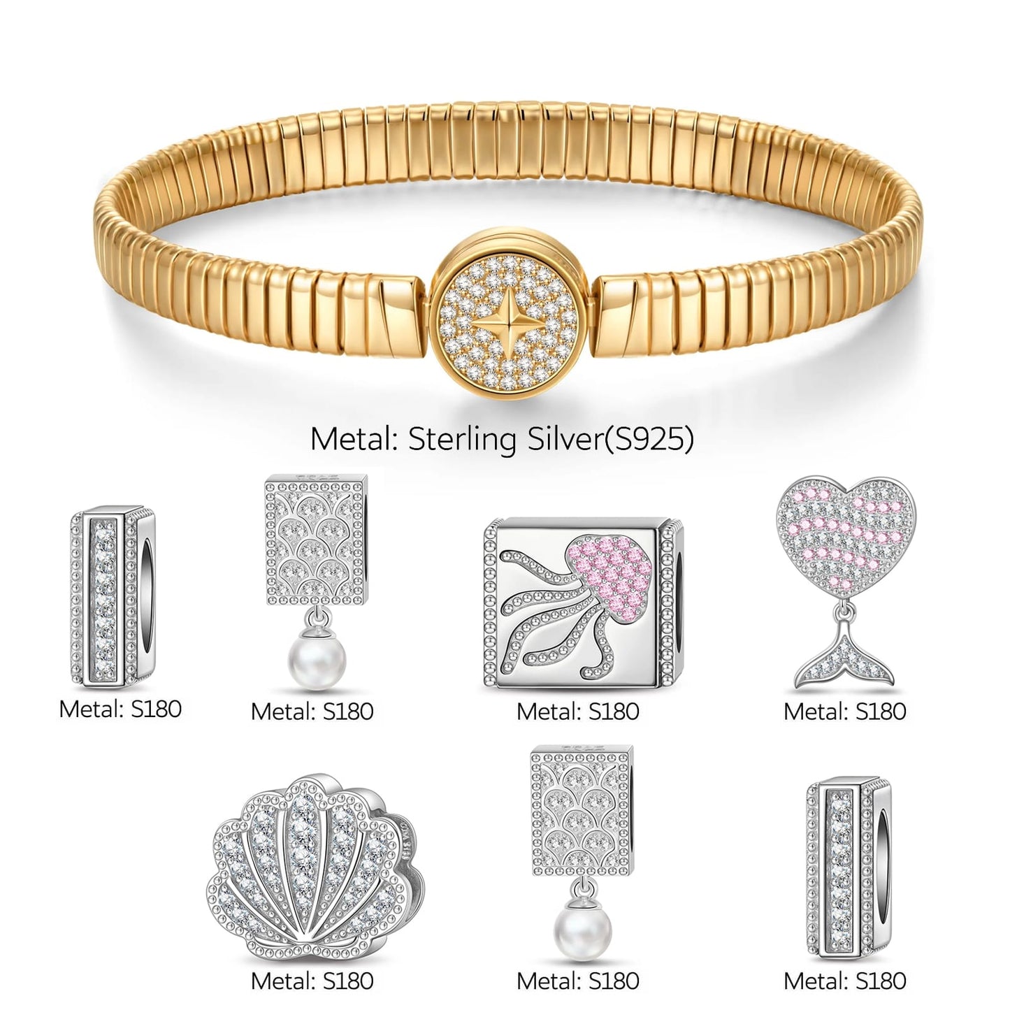 Sterling Silver Mermaid's Trove Rectangular Charms Bracelet Set In White Gold Plated (Includes bracelet and all charms shown)