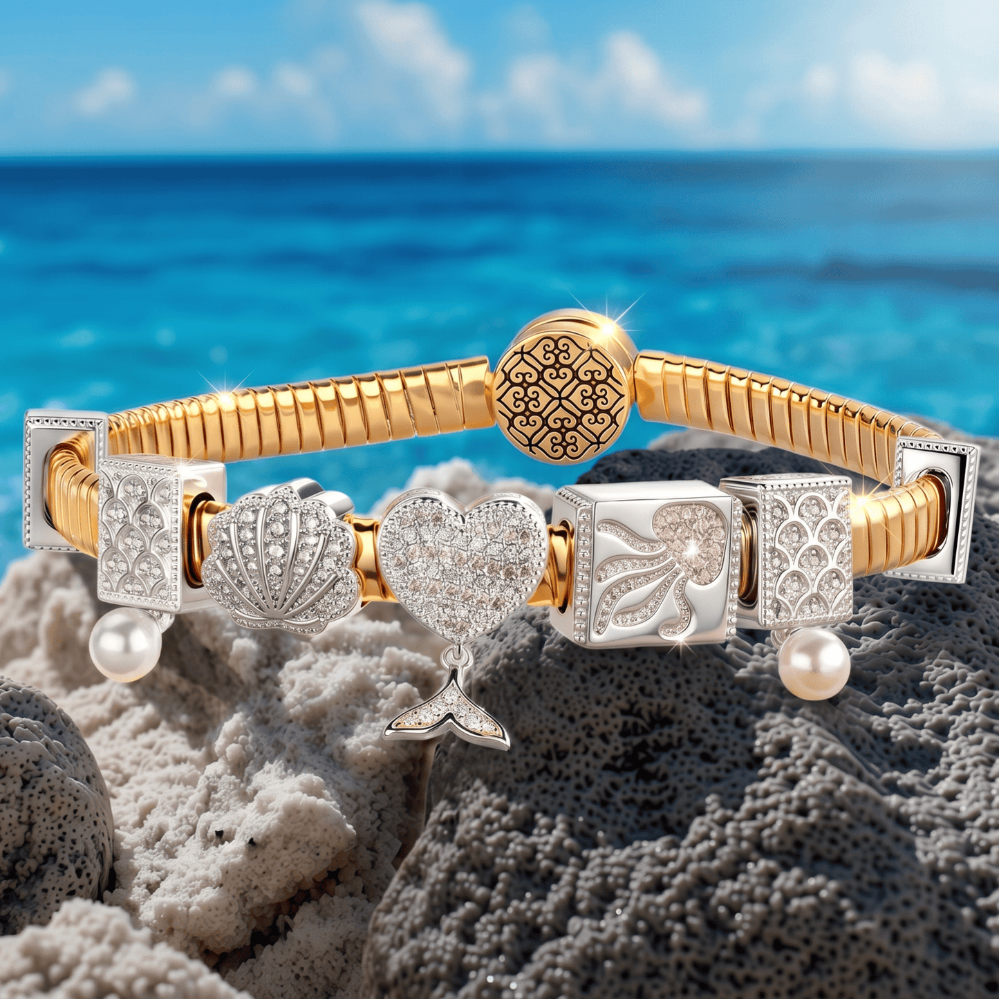 Sterling Silver Mermaid's Trove Rectangular Charms Bracelet Set In White Gold Plated (Includes bracelet and all charms shown)