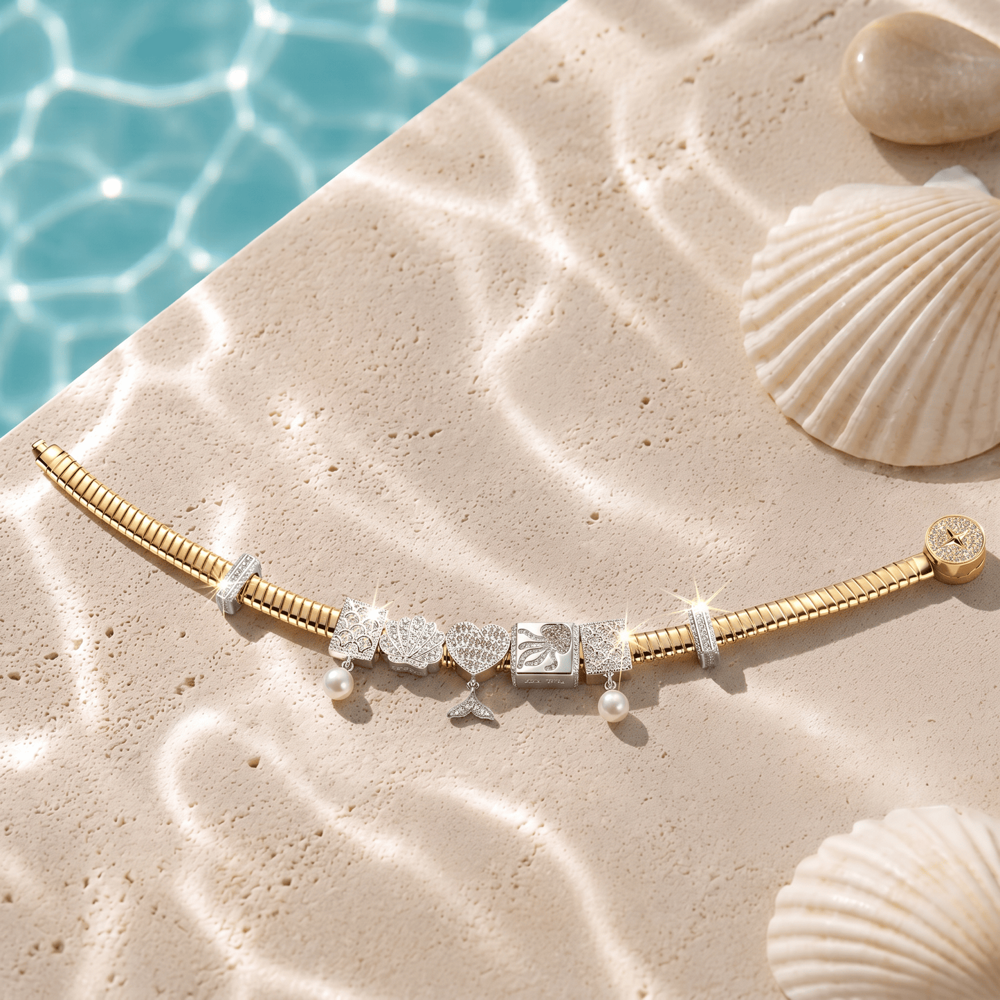 Sterling Silver Mermaid's Trove Rectangular Charms Bracelet Set In White Gold Plated (Includes bracelet and all charms shown)