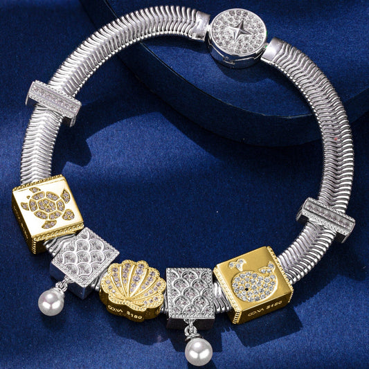 gon- Sterling Silver Seashell Fantasy Rectangular Charms Bracelet Set In White Gold and 14K Gold Plated