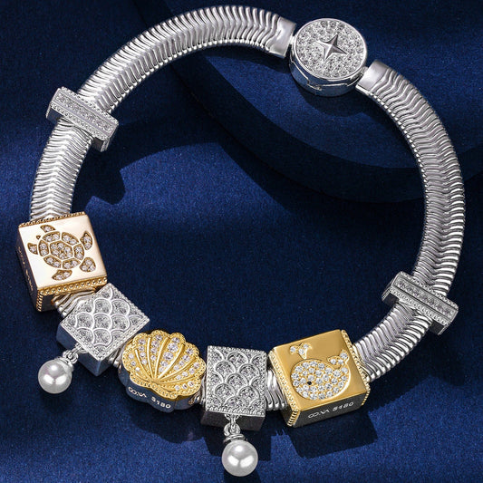 gon- Sterling Silver Seashell Fantasy Rectangular Charms Bracelet Set, Featuring Dual Plating in 14K Gold and White Gold