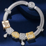 Sterling Silver Seashell Fantasy Rectangular Charms Bracelet Set, Featuring Dual Plating in 14K Gold and White Gold (Includes bracelet and all charms shown)
