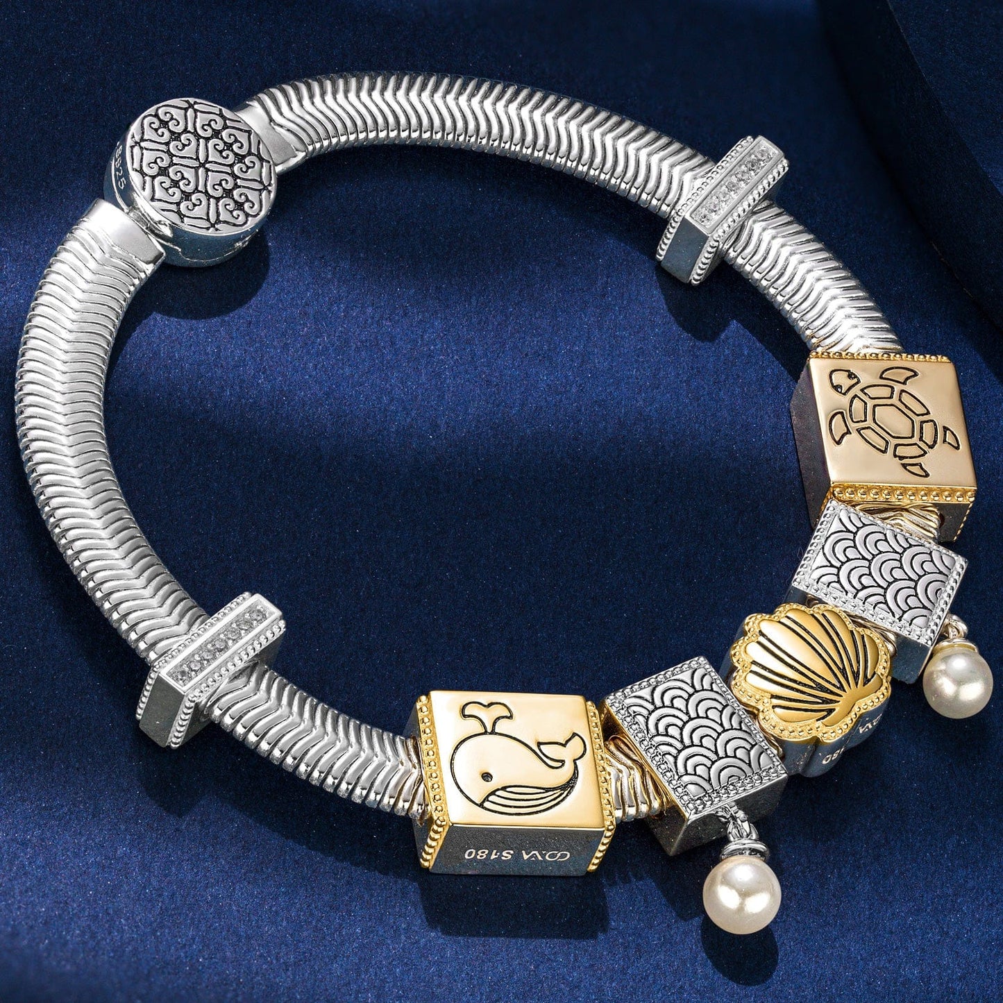 Sterling Silver Seashell Fantasy Rectangular Charms Bracelet Set, Featuring Dual Plating in 14K Gold and White Gold (Includes bracelet and all charms shown)