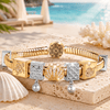 Sterling Silver Seashell Fantasy Rectangular Charms Bracelet Set, Featuring Dual Plating in 14K Gold and White Gold (Includes bracelet and all charms shown)