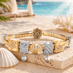 Sterling Silver Seashell Fantasy Rectangular Charms Bracelet Set, Featuring Dual Plating in 14K Gold and White Gold (Includes bracelet and all charms shown)