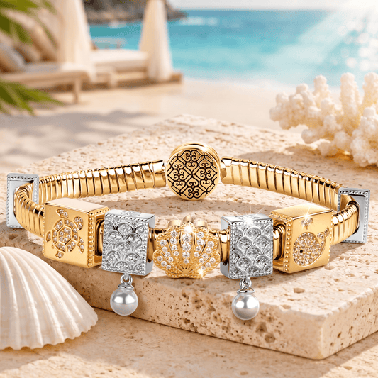 gona- Sterling Silver Seashell Fantasy Rectangular Charms Bracelet Set, Featuring Dual Plating in 14K Gold and White Gold (Includes bracelet and all charms shown)