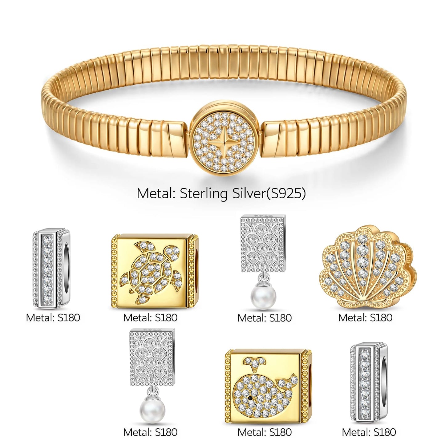 Sterling Silver Seashell Fantasy Rectangular Charms Bracelet Set, Featuring Dual Plating in 14K Gold and White Gold (Includes bracelet and all charms shown)