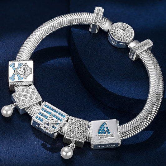 gon- Sterling Silver Pirate's Hoard Rectangular Charms Bracelet Set In White Gold Plated