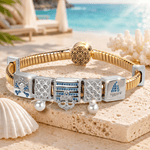 Sterling Silver Pirate's Hoard Rectangular Charms Bracelet Set In White Gold Plated (Includes bracelet and all charms shown)
