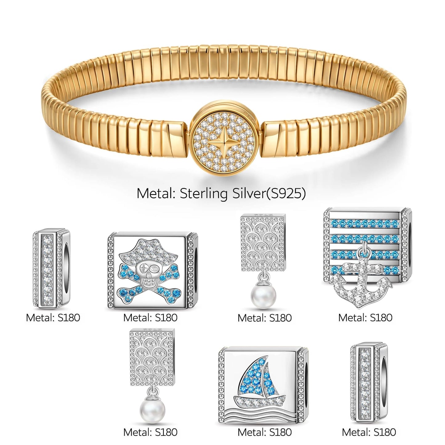 Sterling Silver Pirate's Hoard Rectangular Charms Bracelet Set In White Gold Plated (Includes bracelet and all charms shown)