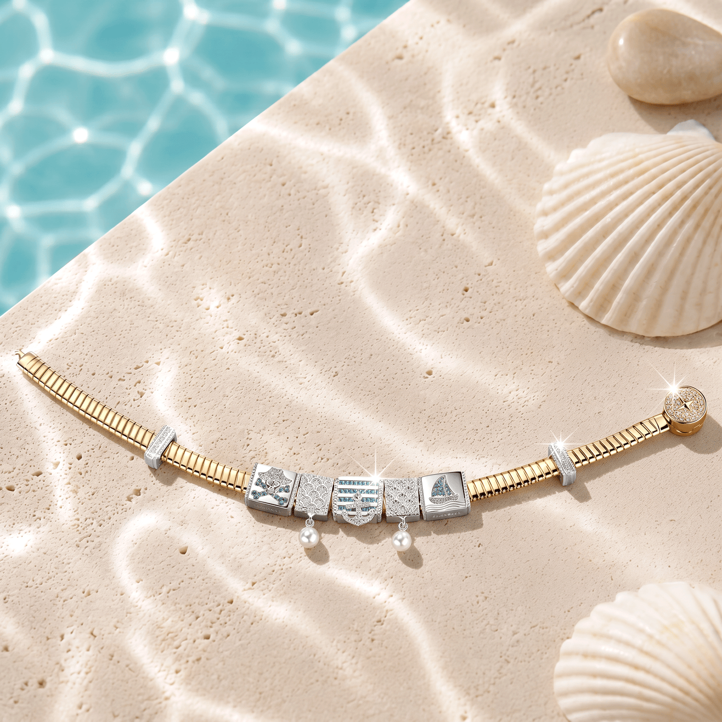 Sterling Silver Pirate's Hoard Rectangular Charms Bracelet Set In White Gold Plated (Includes bracelet and all charms shown)