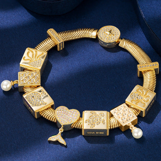 gon- Sterling Silver Ocean Fantasy Rectangular Charms Bracelet Set In 14K Gold Plated