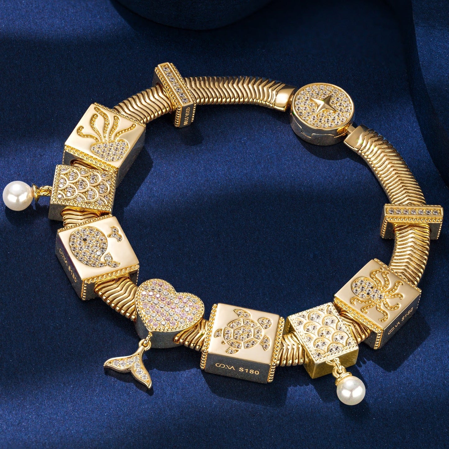 Sterling Silver Ocean Fantasy Rectangular Charms Bracelet Set In 14K Gold Plated
