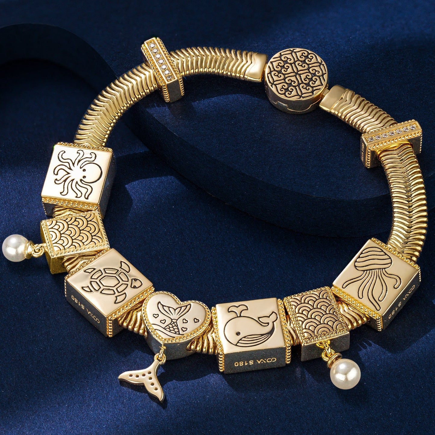 Sterling Silver Ocean Fantasy Rectangular Charms Bracelet Set In 14K Gold Plated