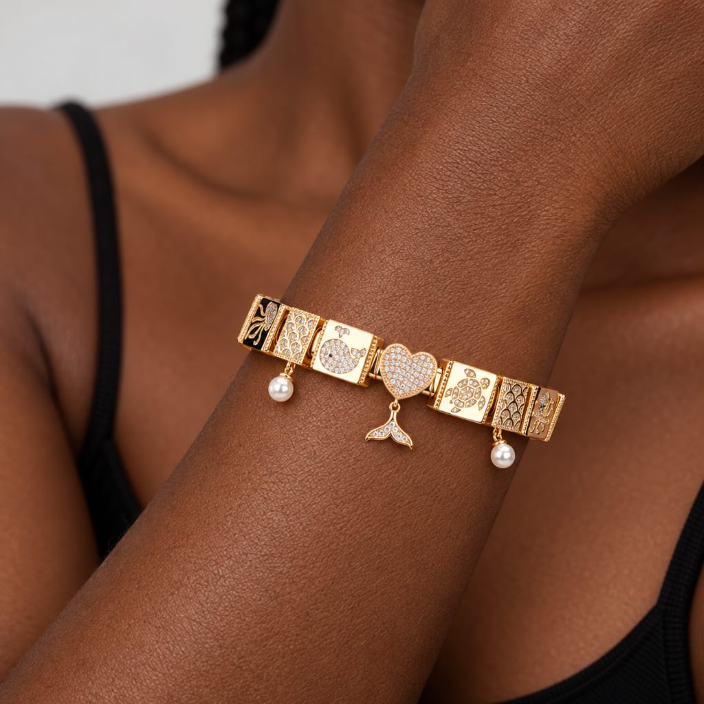 Sterling Silver Ocean Fantasy Rectangular Charms Bracelet Set In 14K Gold Plated (Includes bracelet and all charms shown)
