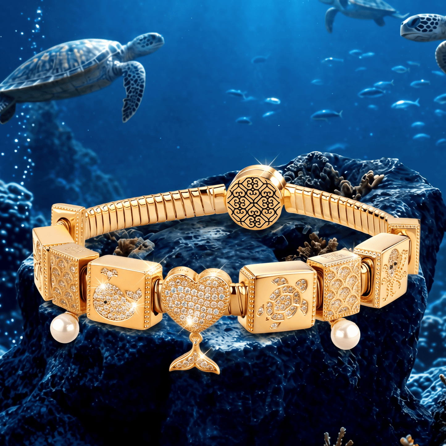 Sterling Silver Ocean Fantasy Rectangular Charms Bracelet Set In 14K Gold Plated (Includes bracelet and all charms shown)