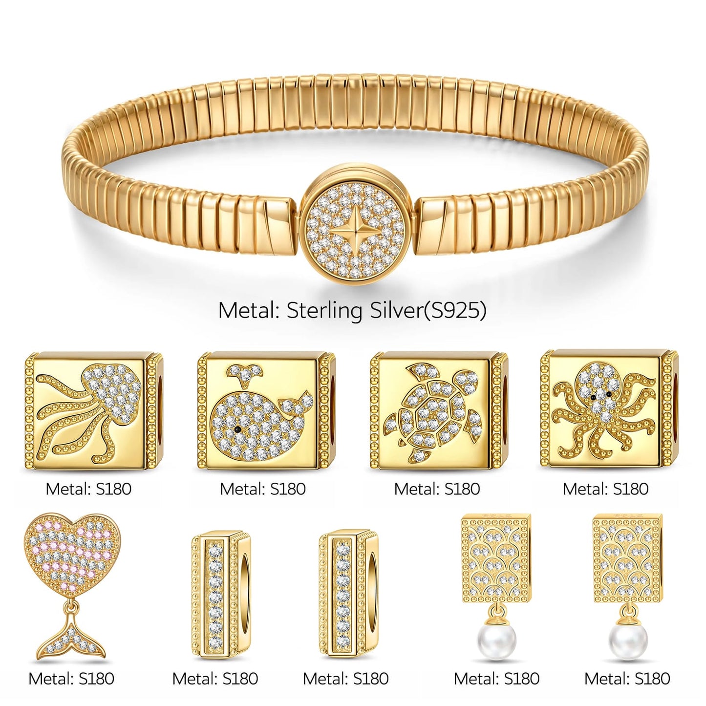 Sterling Silver Ocean Fantasy Rectangular Charms Bracelet Set In 14K Gold Plated (Includes bracelet and all charms shown)