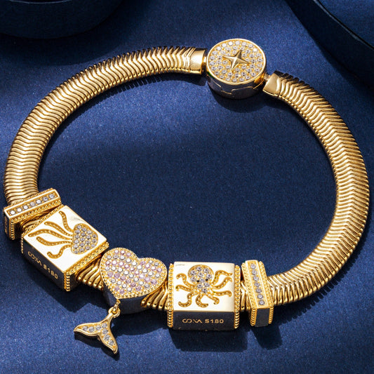 gon- Sterling Silver Mermaid's Temptation Rectangular Charms Bracelet Set In 14K Gold Plated