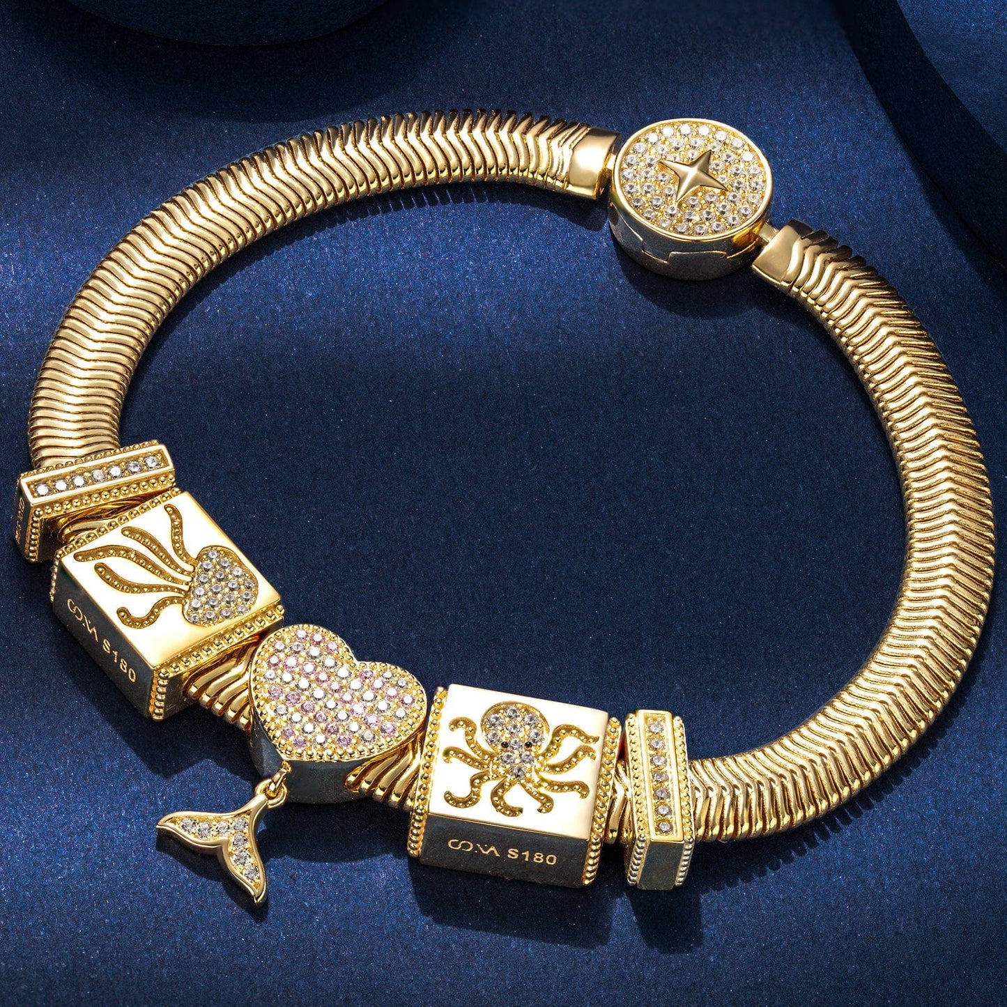 Sterling Silver Mermaid's Temptation Rectangular Charms Bracelet Set In 14K Gold Plated