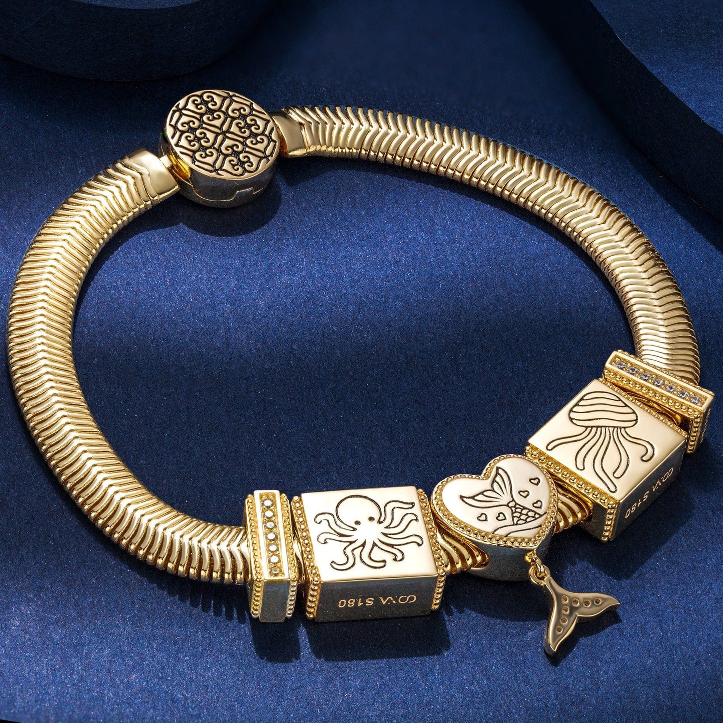 Sterling Silver Mermaid's Temptation Rectangular Charms Bracelet Set In 14K Gold Plated