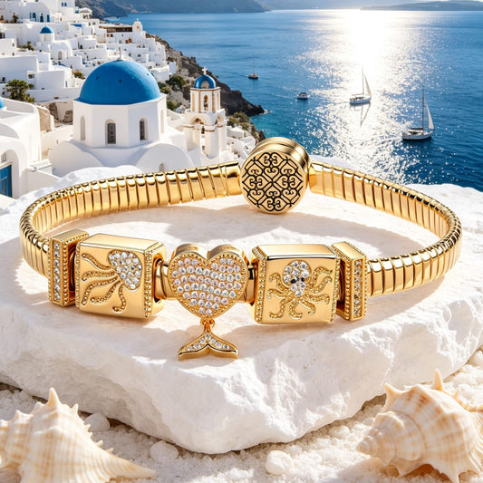 gona- Sterling Silver Mermaid's Temptation Rectangular Charms Bracelet Set In 14K Gold Plated (Includes bracelet and all charms shown)