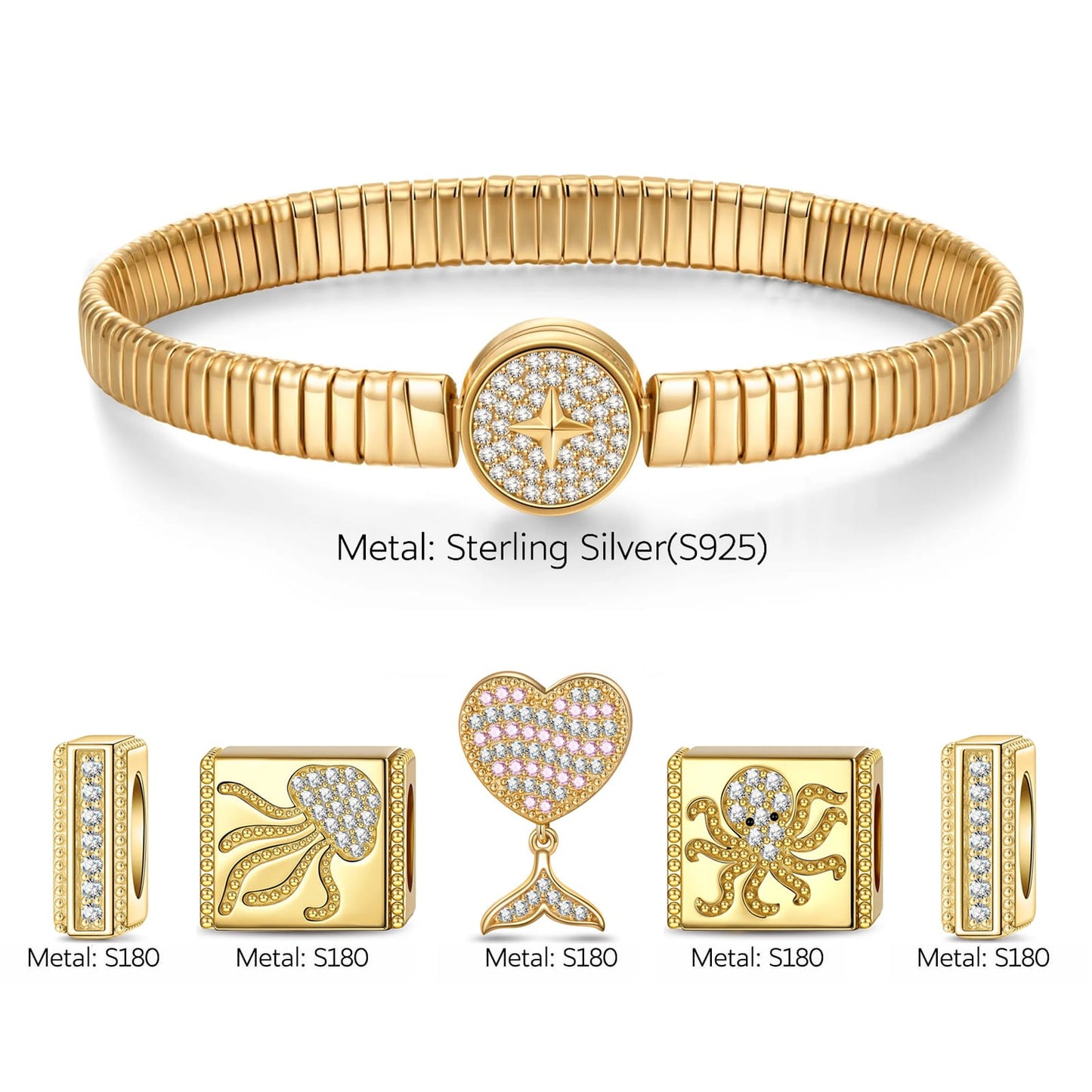 Sterling Silver Mermaid's Temptation Rectangular Charms Bracelet Set In 14K Gold Plated (Includes bracelet and all charms shown)