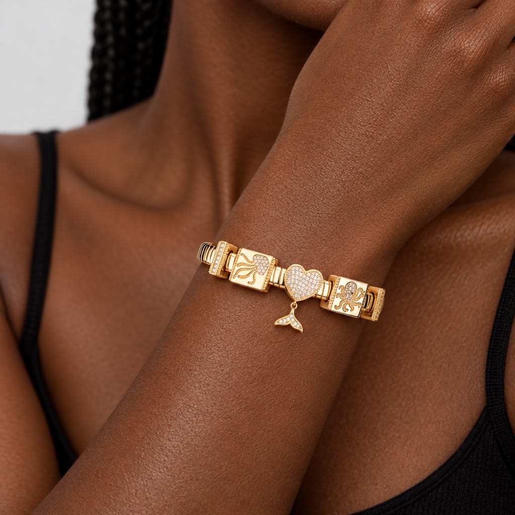 Sterling Silver Mermaid's Temptation Rectangular Charms Bracelet Set In 14K Gold Plated (Includes bracelet and all charms shown)