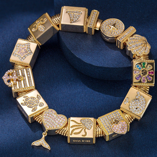 gon- Sterling Silver Seafaring Dreamscapes Rectangular Charms Bracelet Set In 14K Gold Plated