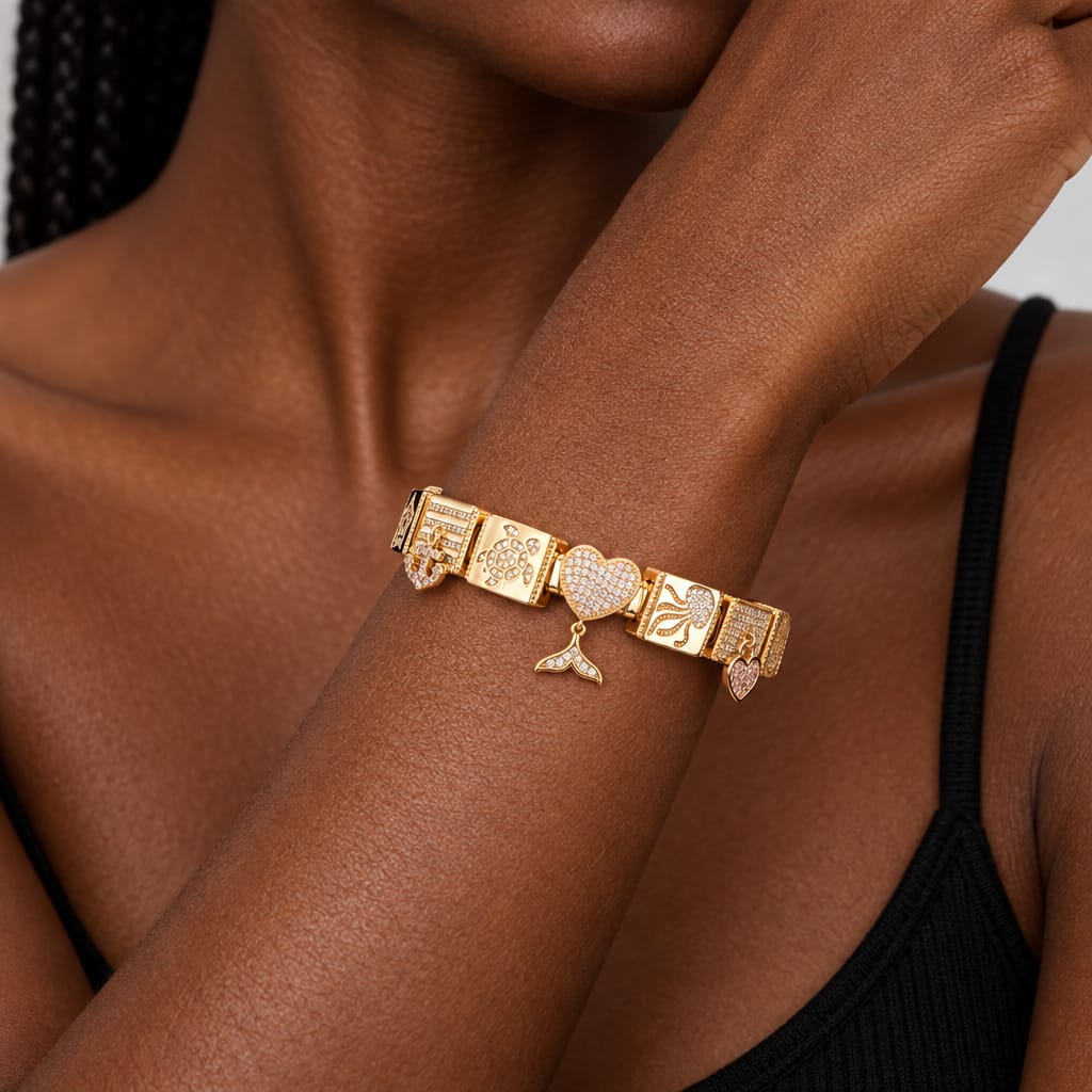 Sterling Silver Seafaring Dreamscapes Rectangular Charms Bracelet Set In 14K Gold Plated (Includes bracelet and all charms shown)