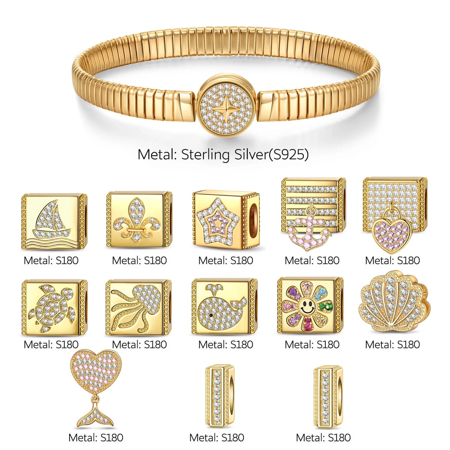 Sterling Silver Seafaring Dreamscapes Rectangular Charms Bracelet Set In 14K Gold Plated (Includes bracelet and all charms shown)