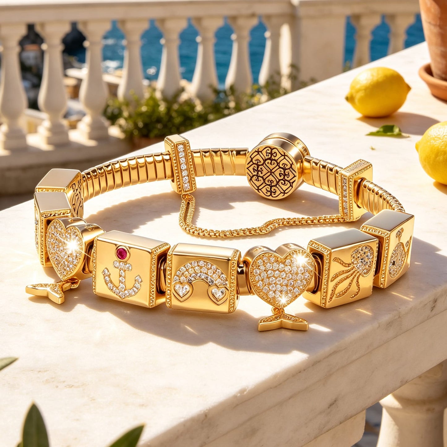 Sterling Silver Enchanted Undersea Rectangular Charms Bracelet Set In 14K Gold Plated (Includes bracelet and all charms shown)