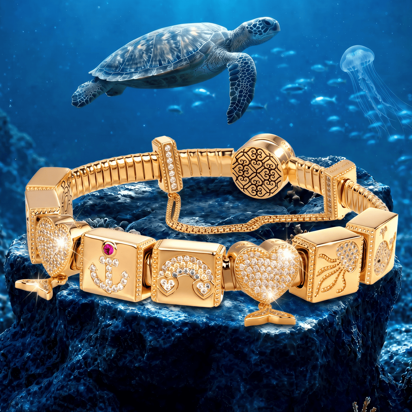 Sterling Silver Enchanted Undersea Rectangular Charms Bracelet Set In 14K Gold Plated (Includes bracelet and all charms shown)