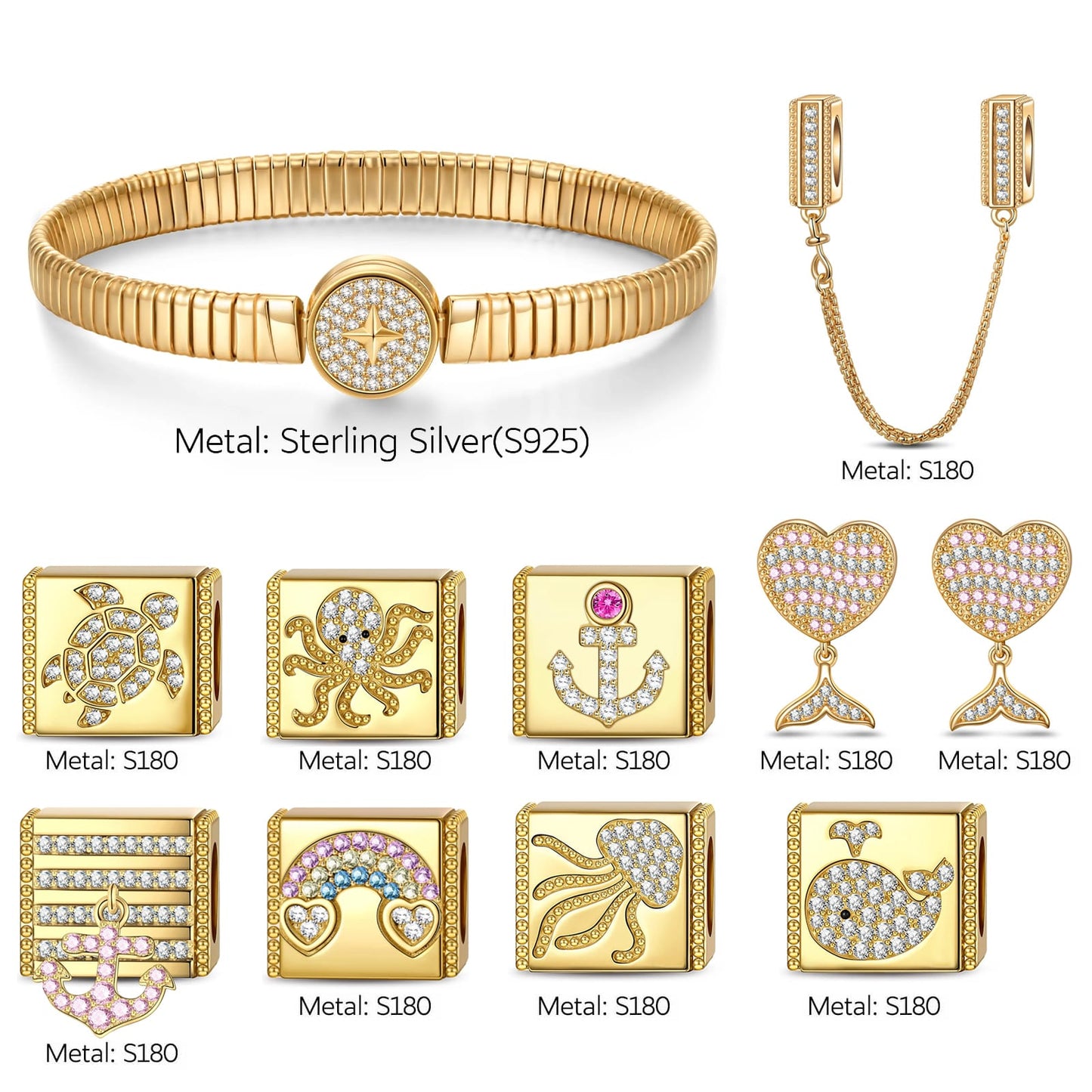 Sterling Silver Enchanted Undersea Rectangular Charms Bracelet Set In 14K Gold Plated (Includes bracelet and all charms shown)