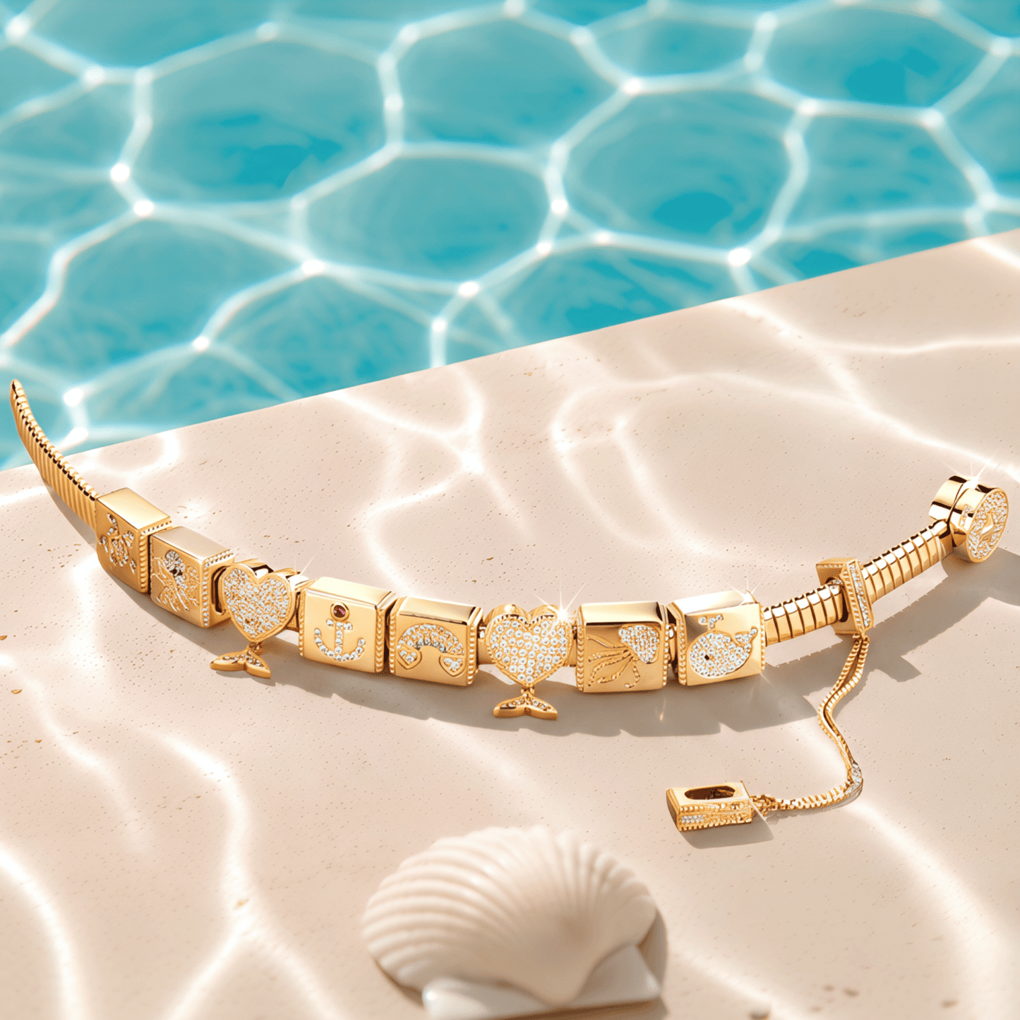 Sterling Silver Enchanted Undersea Rectangular Charms Bracelet Set In 14K Gold Plated (Includes bracelet and all charms shown)