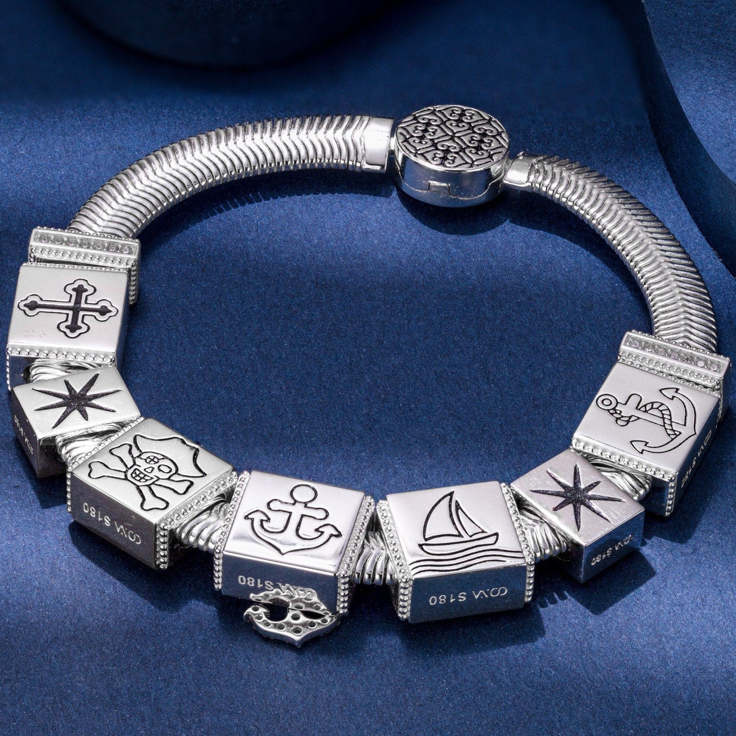 Sterling Silver Pirate's Expedition Rectangular Charms Bracelet Set In White Gold Plated
