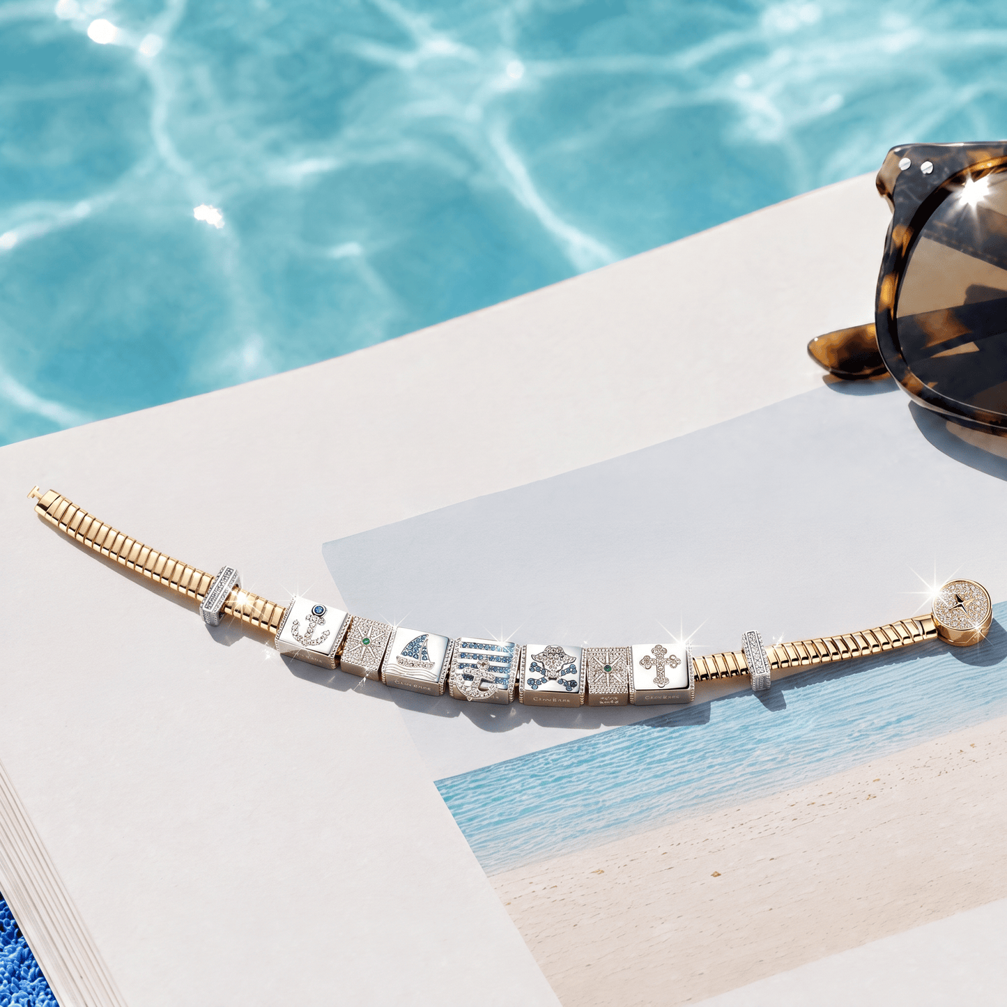 Sterling Silver Pirate's Expedition Rectangular Charms Bracelet Set In White Gold Plated (Includes bracelet and all charms shown)