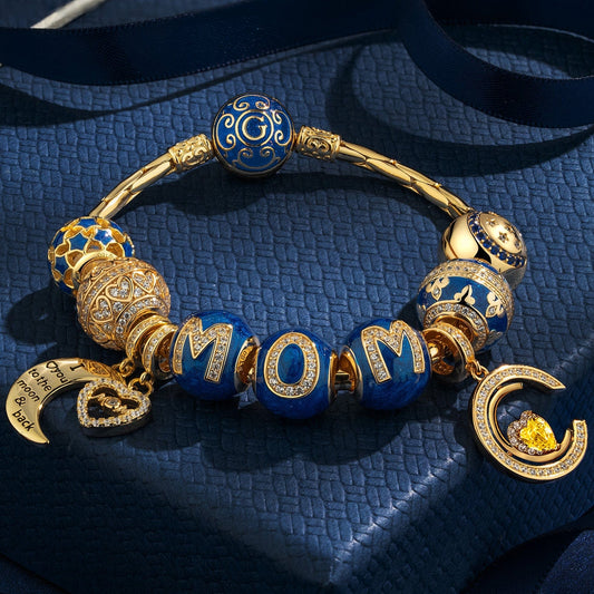 gona- Sterling Silver Love You To The Moon & Back Charms Bracelet Set With Enamel In 14K Gold Plated (Includes bracelet and all charms shown)