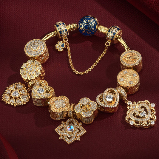gon- Sterling Silver Shimmering Love Charms Bracelet Set In 14K Gold Plated
