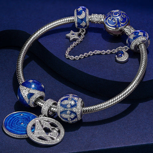 gona- Sterling Silver Eiffel Tower Charms Bracelet Set With Enamel In White Gold Plated (Includes bracelet and all charms shown)