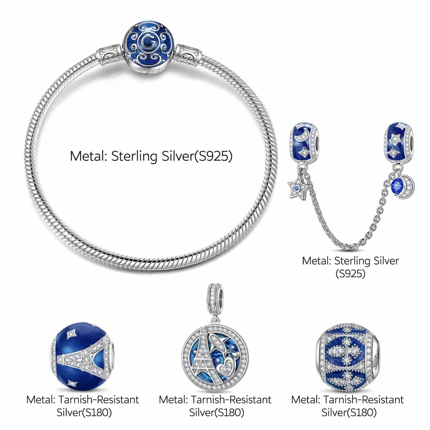 Sterling Silver Eiffel Tower Charms Bracelet Set With Enamel In White Gold Plated (Includes bracelet and all charms shown)