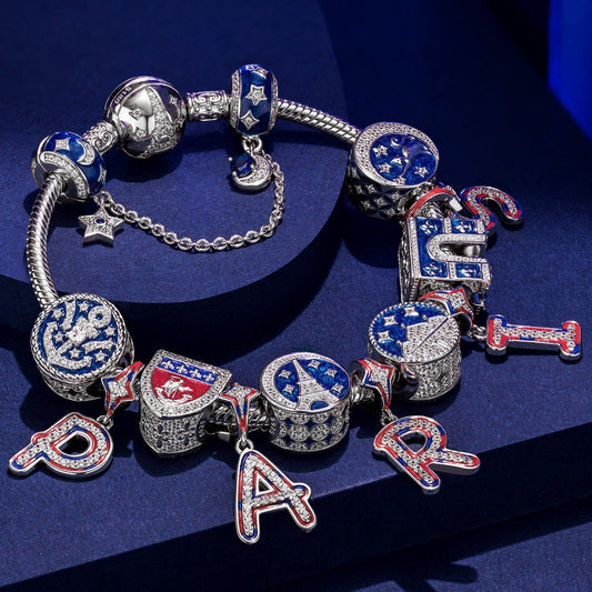 gona- Sterling Silver City Light Charms Bracelet Set With Enamel In White Gold Plated (Includes bracelet and all charms shown)
