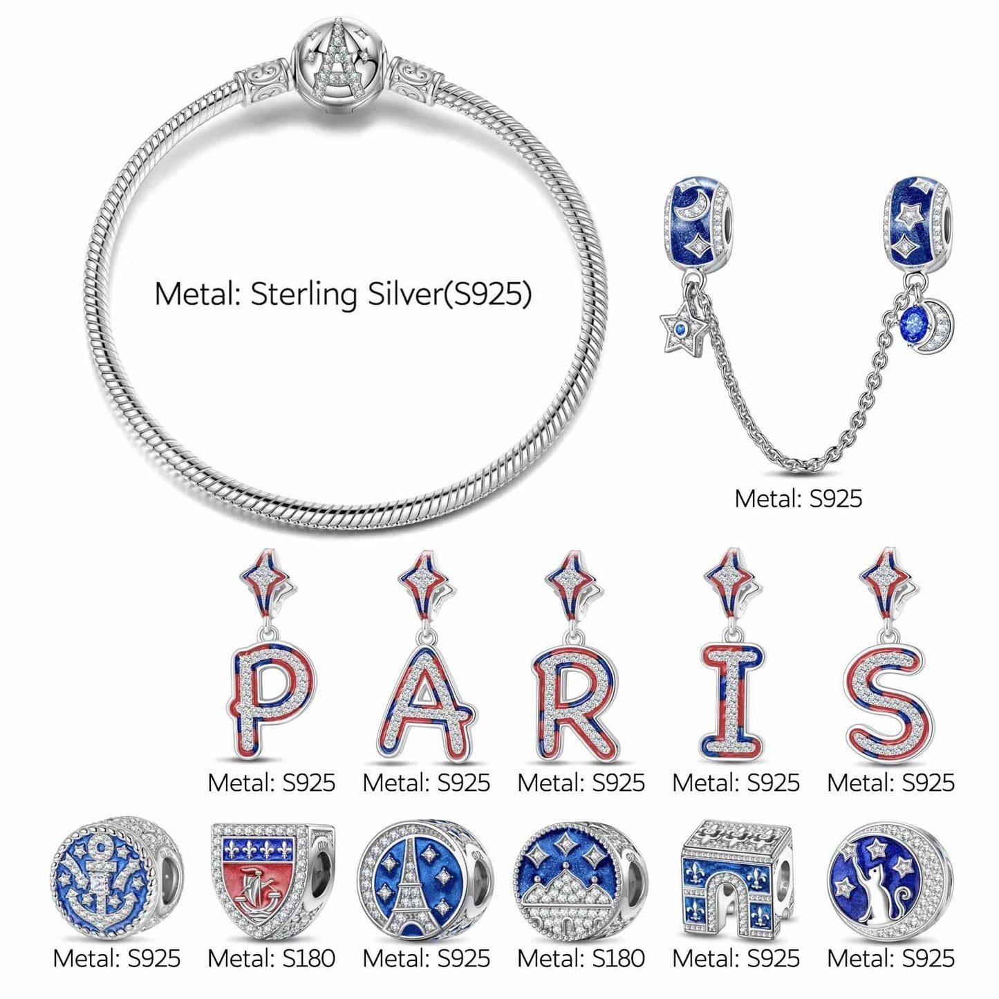 Sterling Silver City Light Charms Bracelet Set With Enamel In White Gold Plated (Includes bracelet and all charms shown)