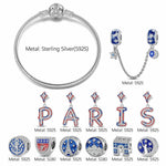 Sterling Silver City Light Charms Bracelet Set With Enamel In White Gold Plated (Includes bracelet and all charms shown)