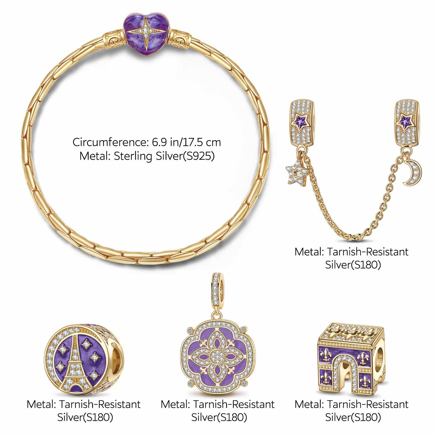 Sterling Silver Majestic Triumphal Arch Charms Bracelet Set With Enamel In 14K Gold Plated