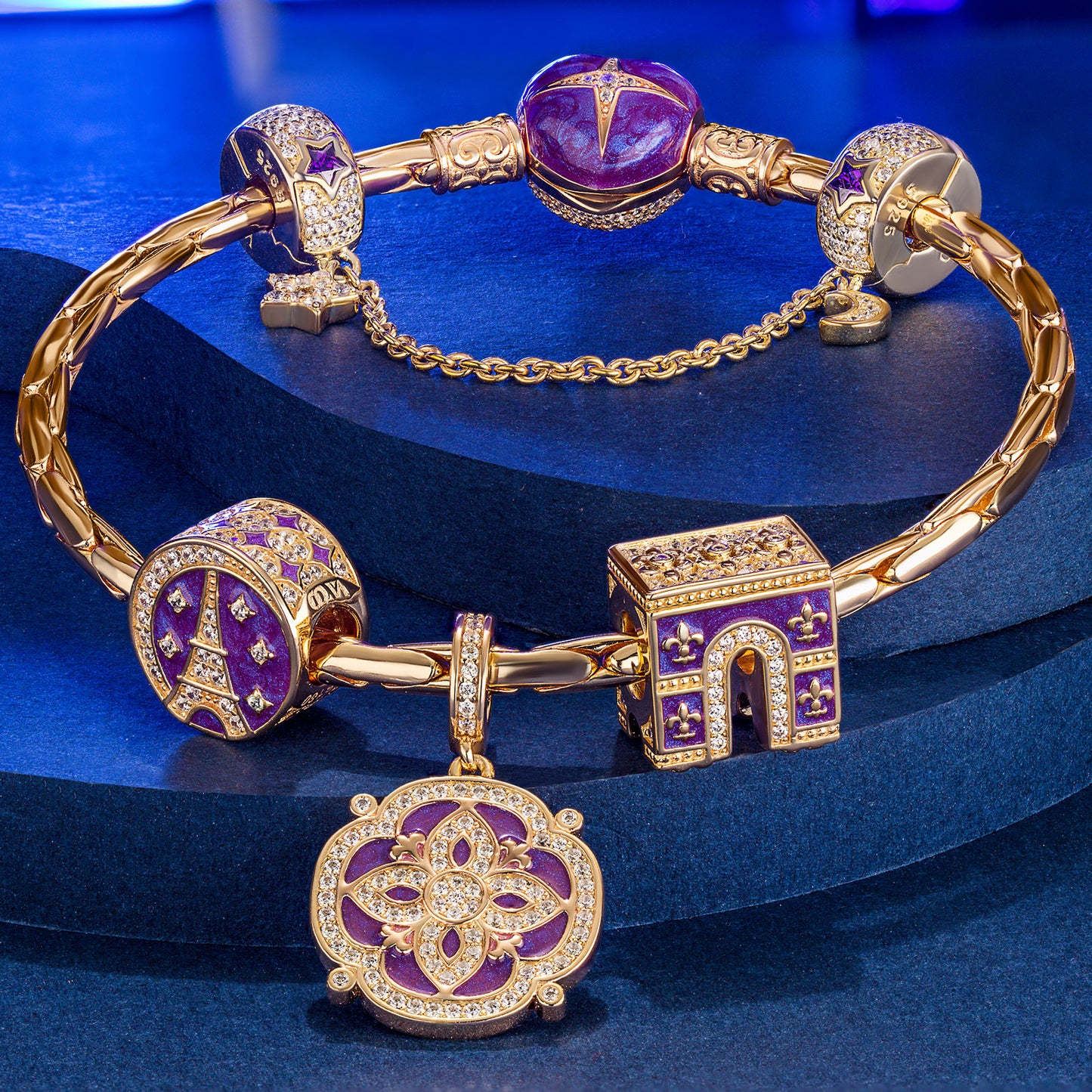 Sterling Silver Majestic Triumphal Arch Charms Bracelet Set With Enamel In 14K Gold Plated