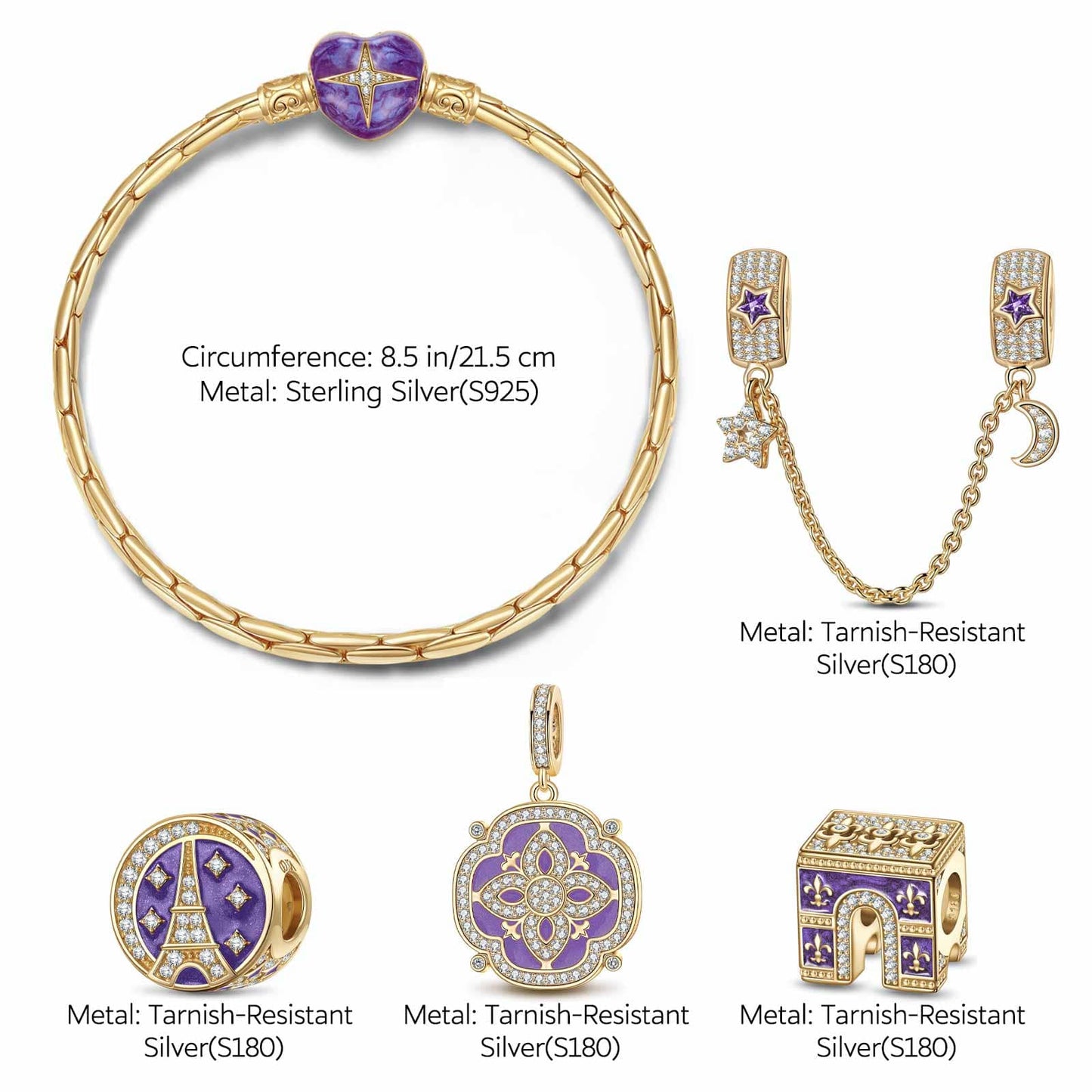 Sterling Silver Majestic Triumphal Arch Charms Bracelet Set With Enamel In 14K Gold Plated (Includes bracelet and all charms shown)