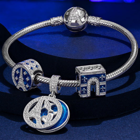 gon- Sterling Silver Poetic Paris Charms Bracelet Set With Enamel In White Gold Plated