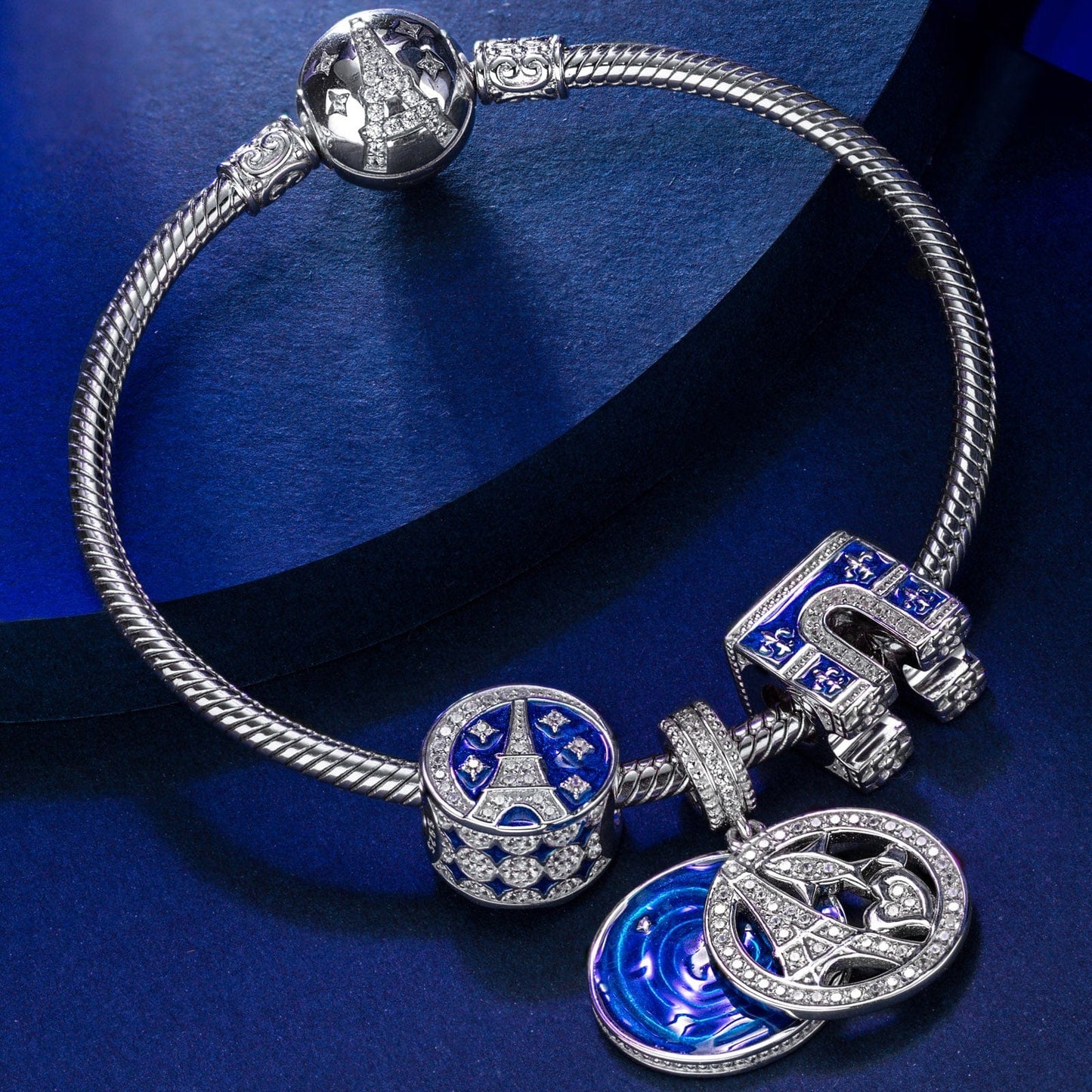 Sterling Silver Poetic Paris Charms Bracelet Set With Enamel In White Gold Plated (Includes bracelet and all charms shown)